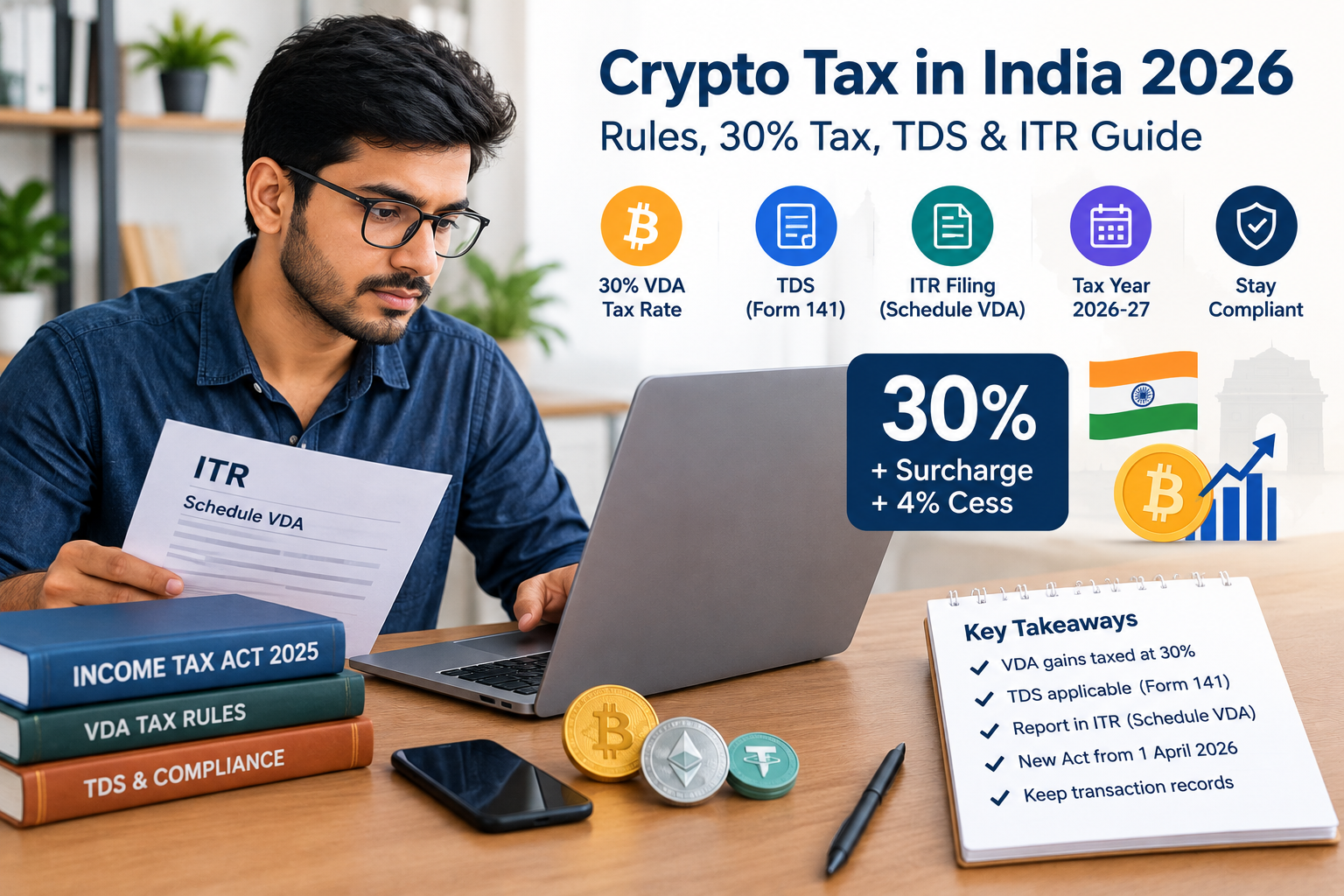 Crypto Tax in India 2026 guide showing an Indian taxpayer reviewing ITR and Schedule VDA documents, with 30% VDA tax, TDS Form 141, Tax Year 2026-27, and cryptocurrency symbols.